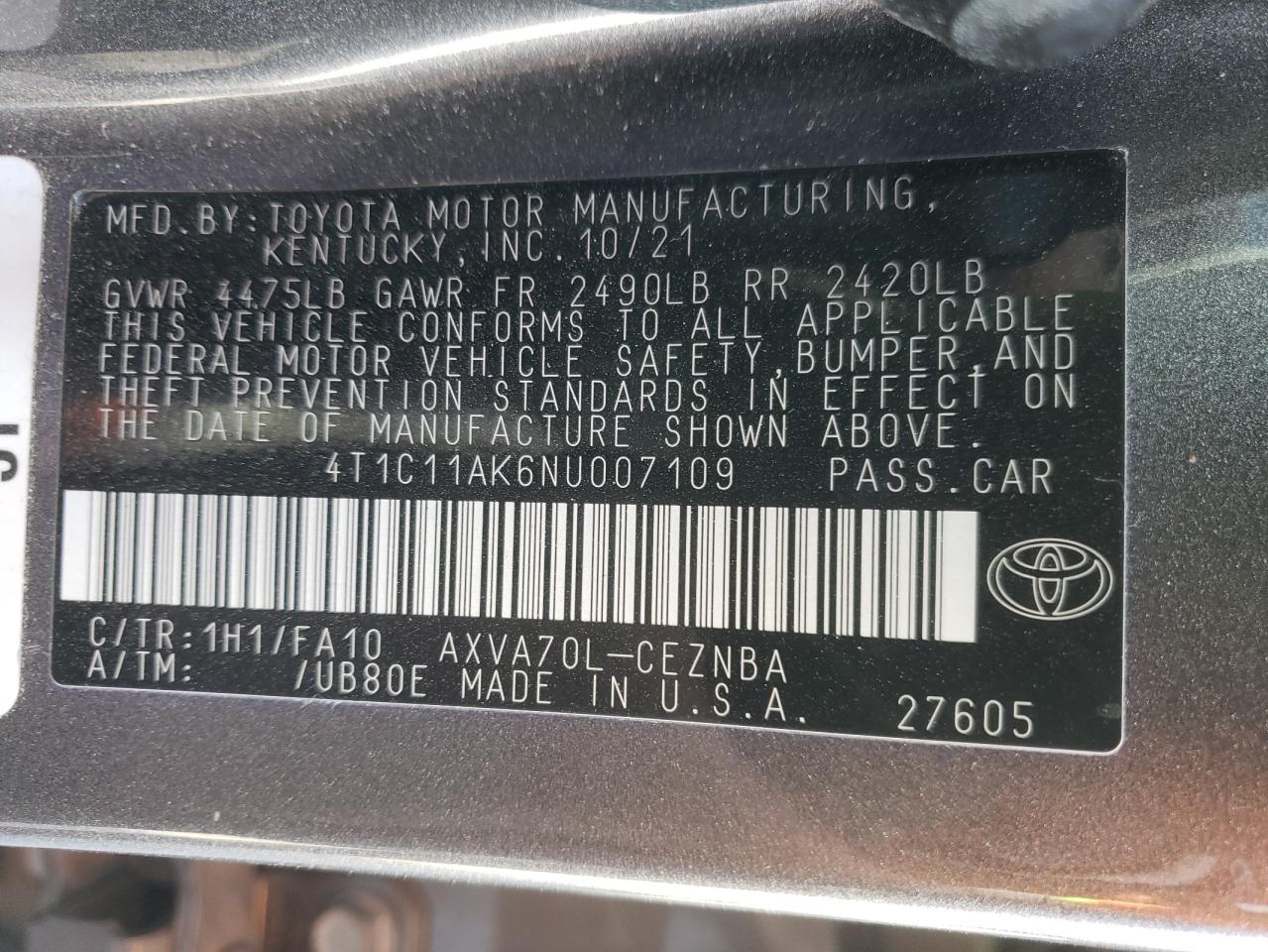 2022 TOYOTA CAMRY LE VIN:4T1C11AK6NU007109