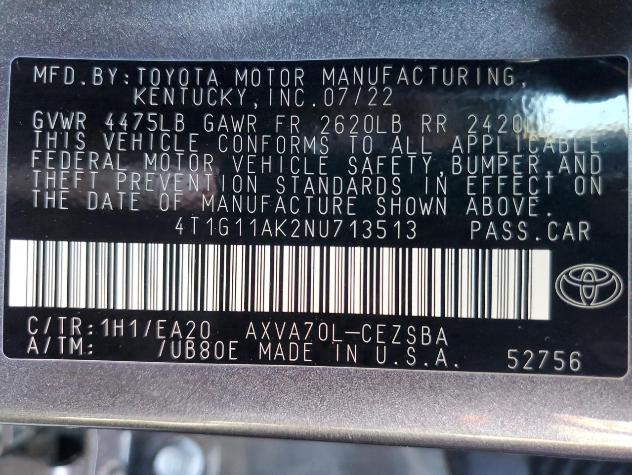 2022 TOYOTA CAMRY SE VIN:4T1G11AK2NU713513