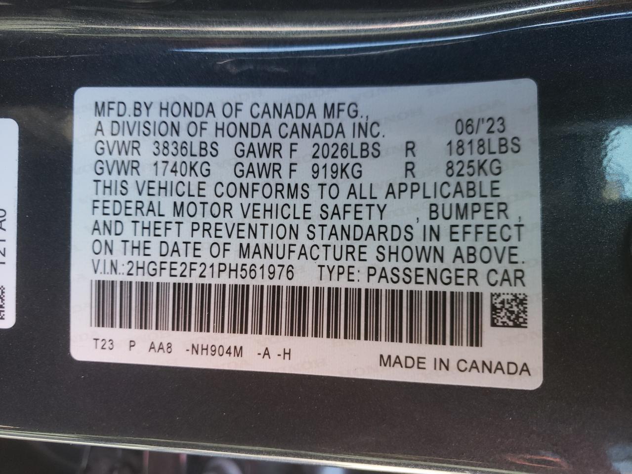 2023 HONDA CIVIC LX VIN:2HGFE2F21PH561976