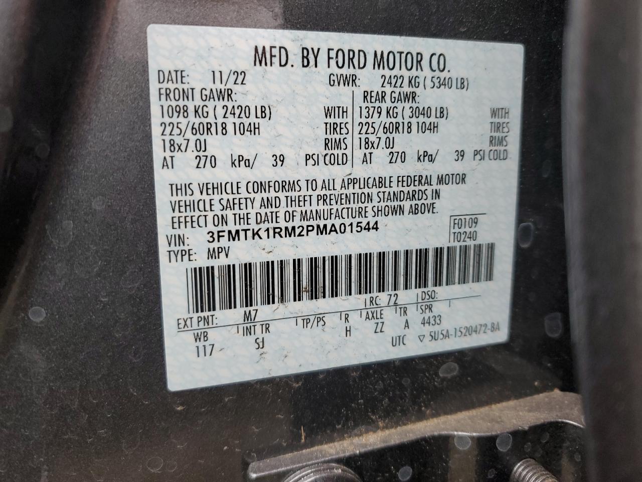 2023 FORD MUSTANG MACH-E SELECT VIN:3FMTK1RM2PMA01544