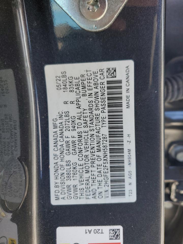 2022 HONDA CIVIC SPORT VIN:2HGFE2F5XNH587287