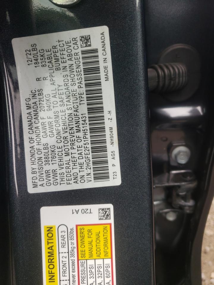 2023 HONDA CIVIC SPORT VIN:2HGFE2F51PH515431