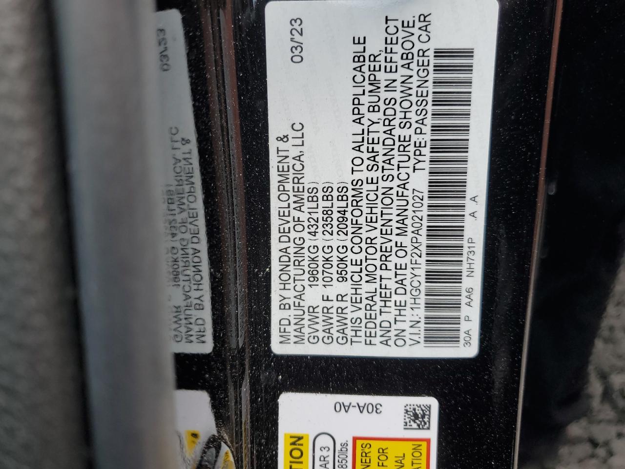 2023 HONDA ACCORD LX VIN:1HGCY1F2XPA021027