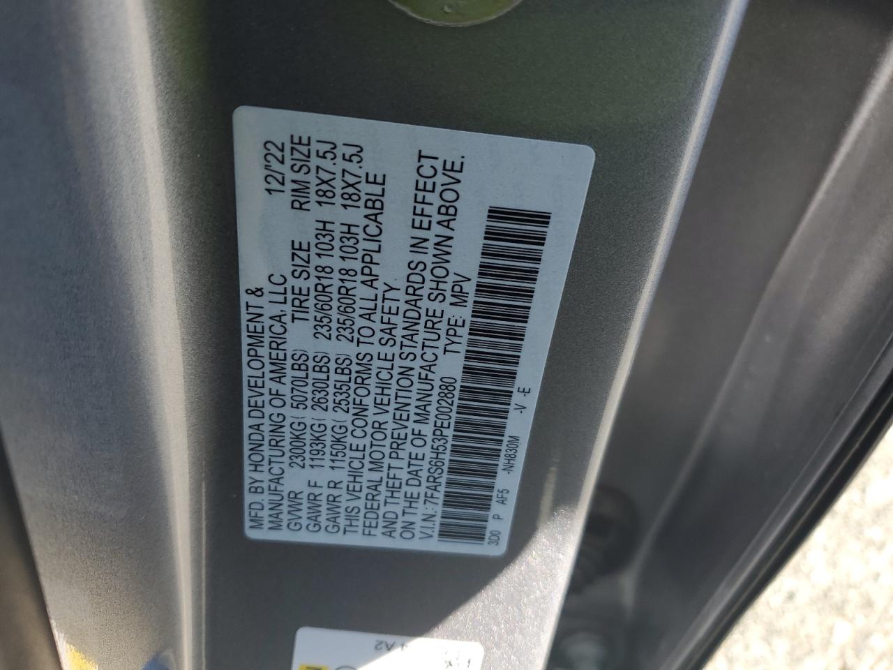 2023 HONDA CR-V SPORT VIN:7FARS6H53PE002880
