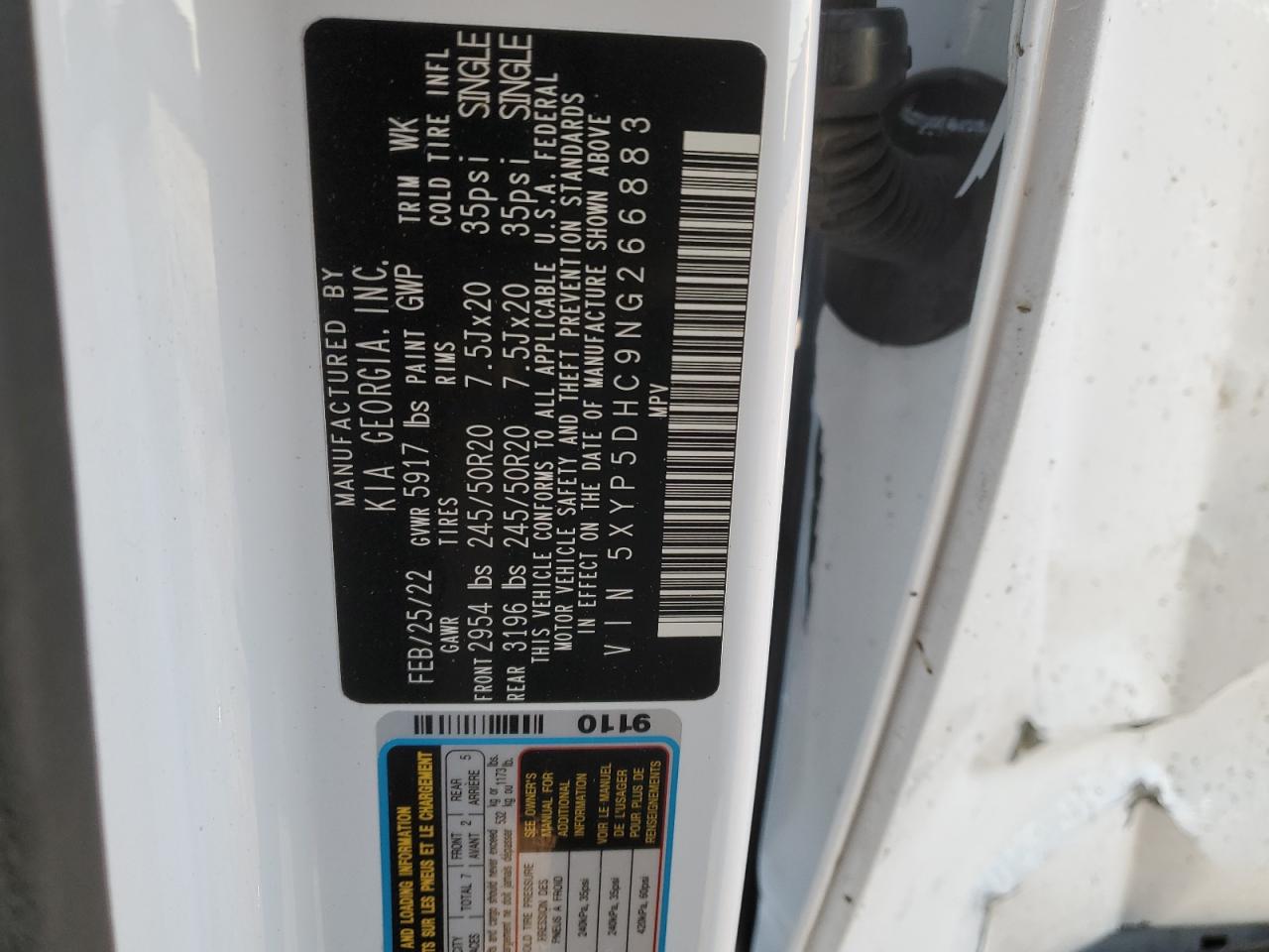 2022 KIA TELLURIDE SX VIN:5XYP5DHC9NG266883