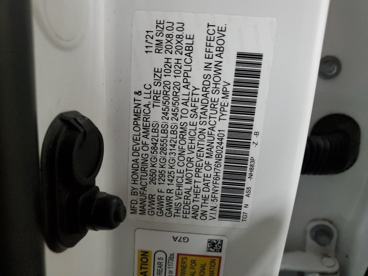 2022 HONDA PILOT BLACK VIN:5FNYF6H76NB024401