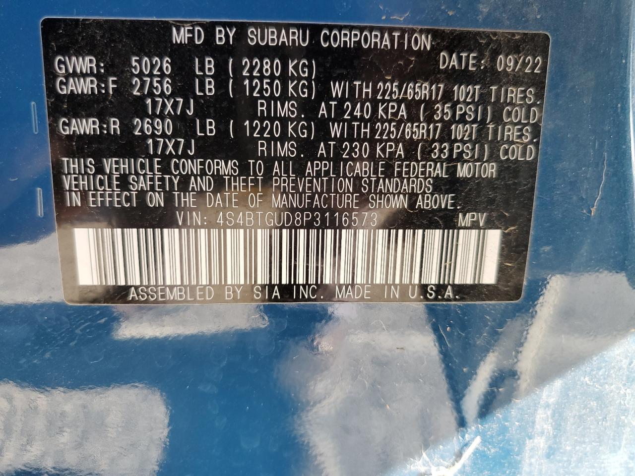 2023 SUBARU OUTBACK WILDERNESS VIN:4S4BTGUD8P3116573