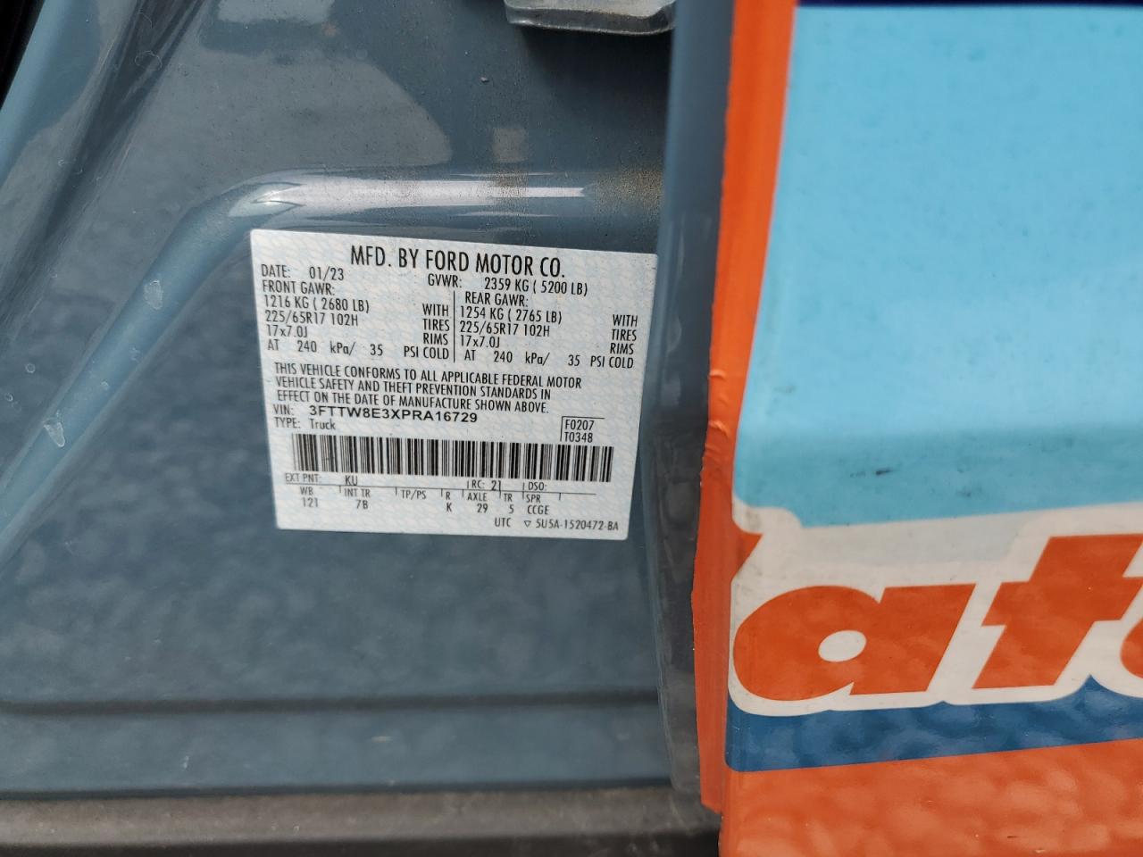 2023 FORD MAVERICK XL VIN:3FTTW8E3XPRA16729