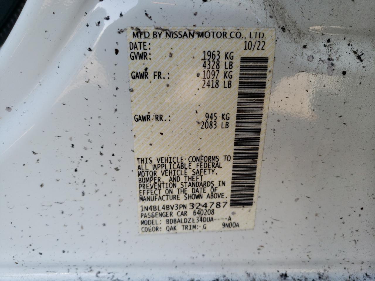 2023 NISSAN ALTIMA S VIN:1N4BL4BV3PN324787