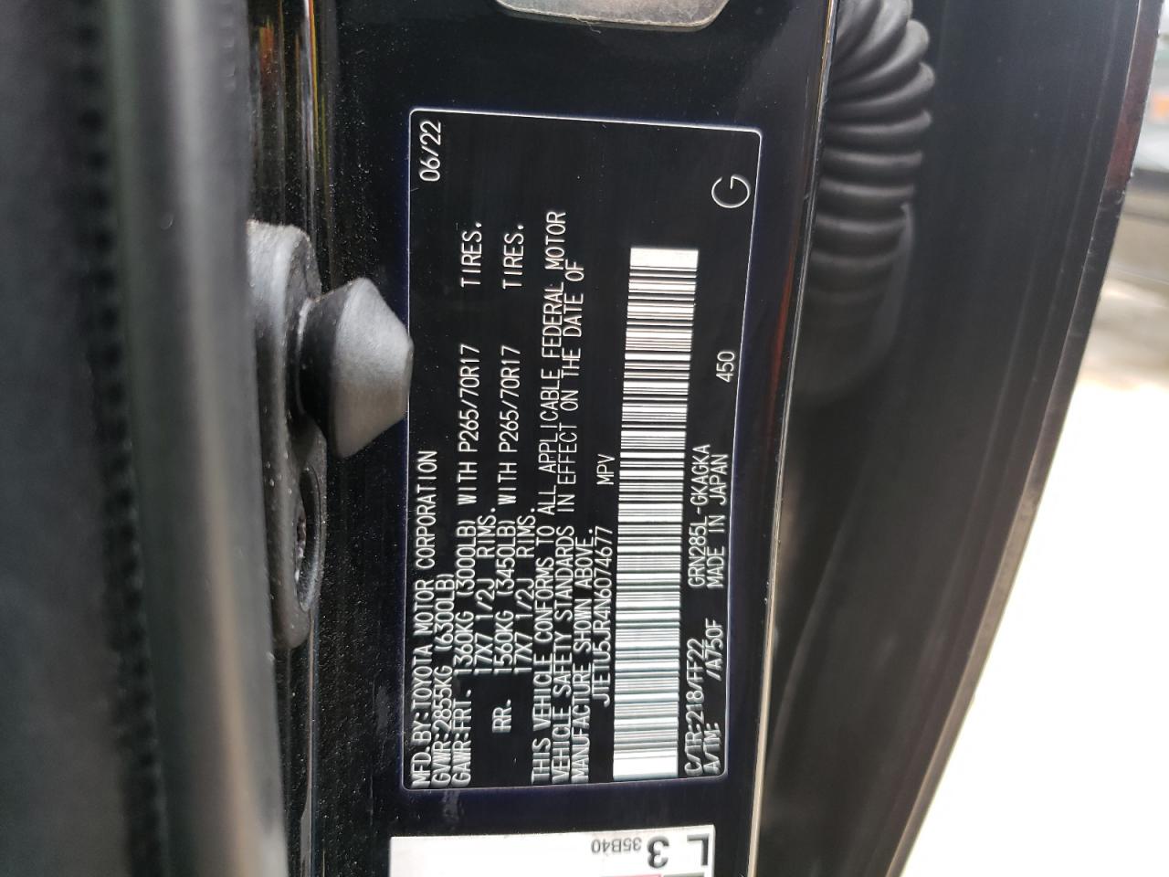 2022 TOYOTA 4RUNNER TRAIL VIN:JTETU5JR4N6074677