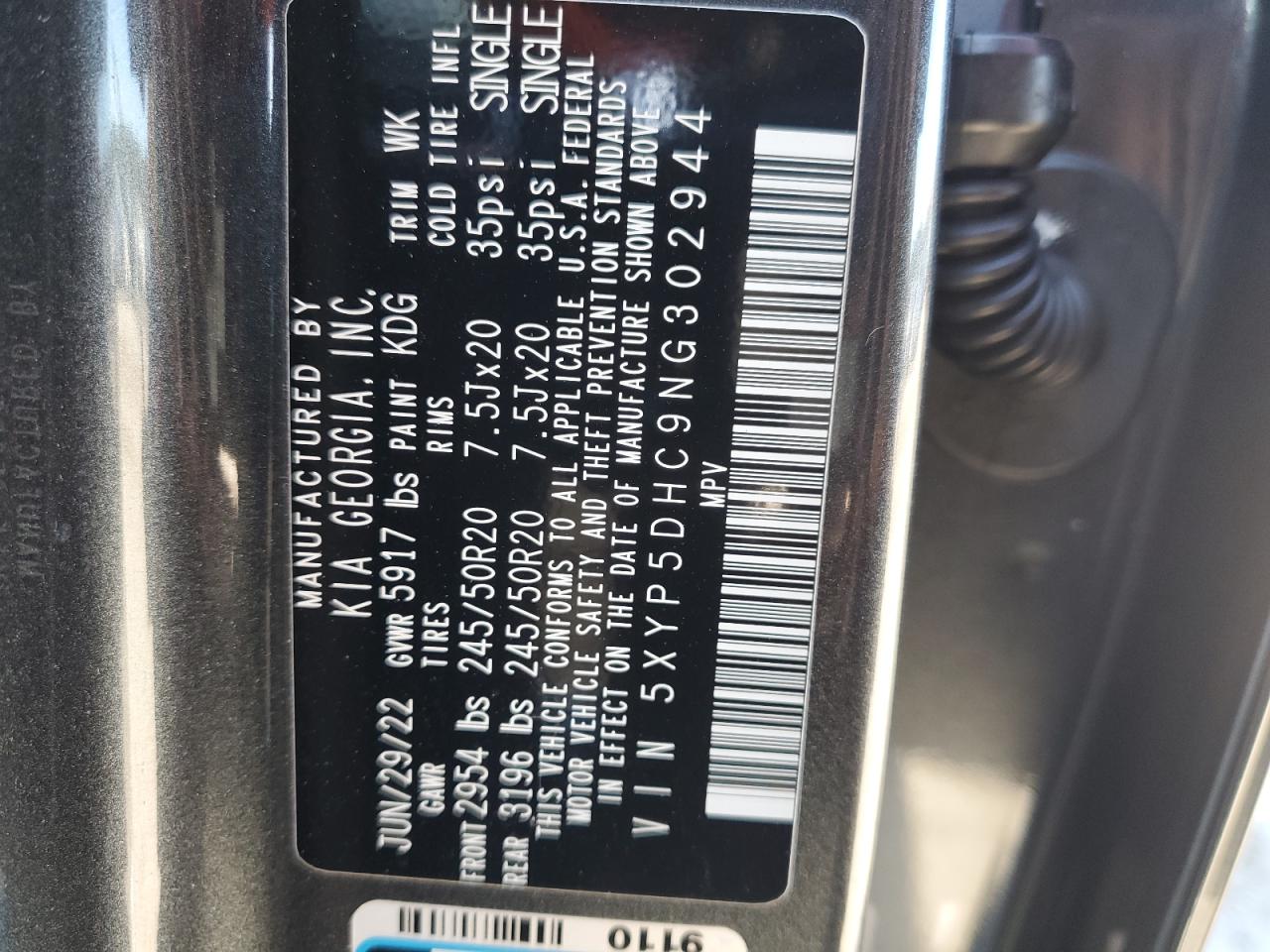 2022 KIA TELLURIDE SX VIN:5XYP5DHC9NG302944