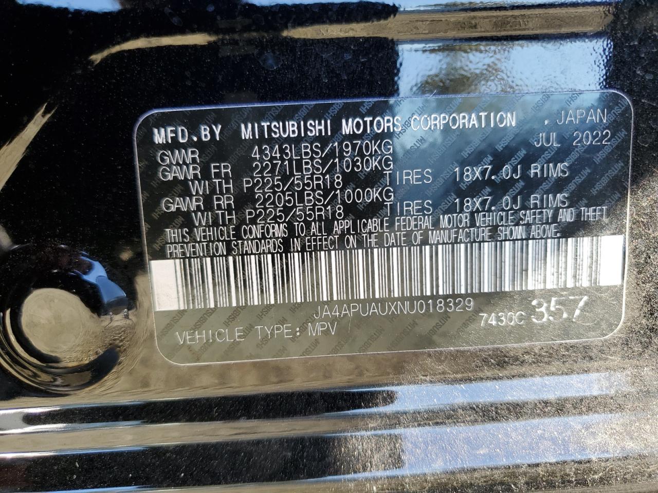 2022 MITSUBISHI OUTLANDER SPORT ES VIN:JA4APUAUXNU018329