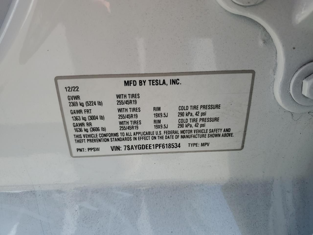 2023 TESLA MODEL Y  VIN:7SAYGDEE1PF618534