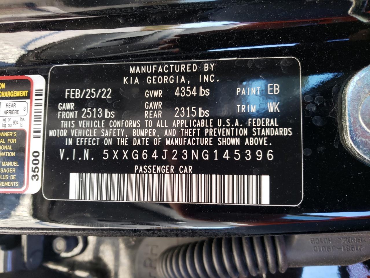 2022 KIA K5 GT LINE VIN:5XXG64J23NG145396