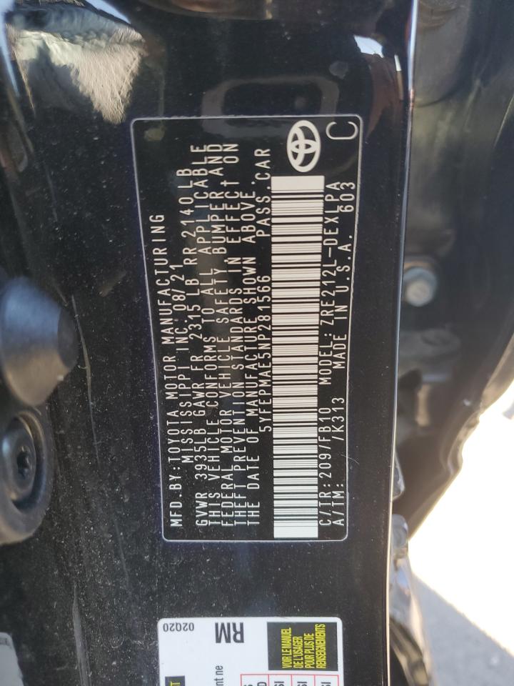 2022 TOYOTA COROLLA LE VIN:5YFEPMAE5NP281566