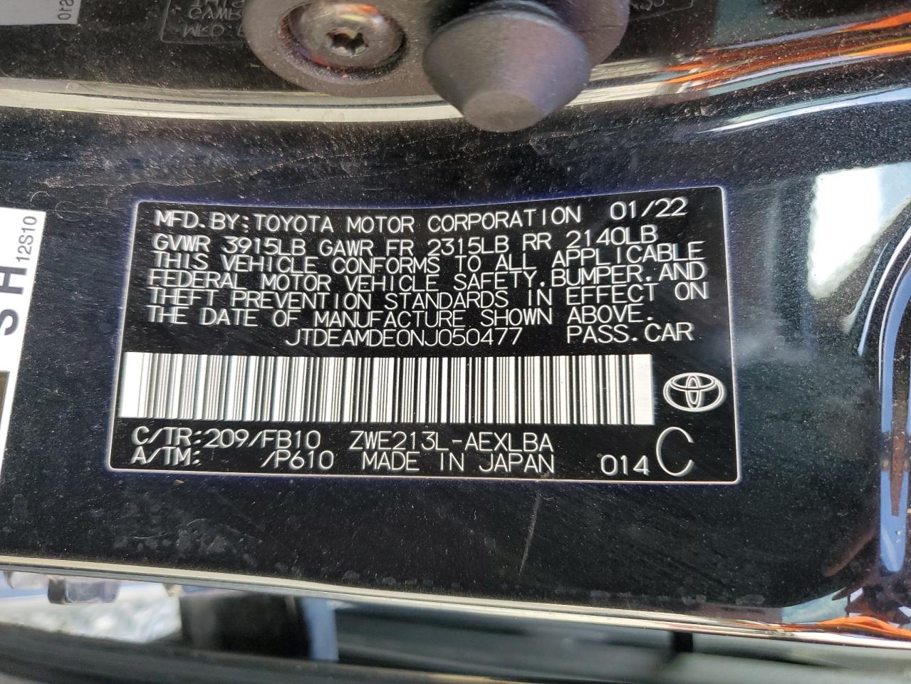 2022 TOYOTA COROLLA LE VIN:JTDEAMDE0NJ050477