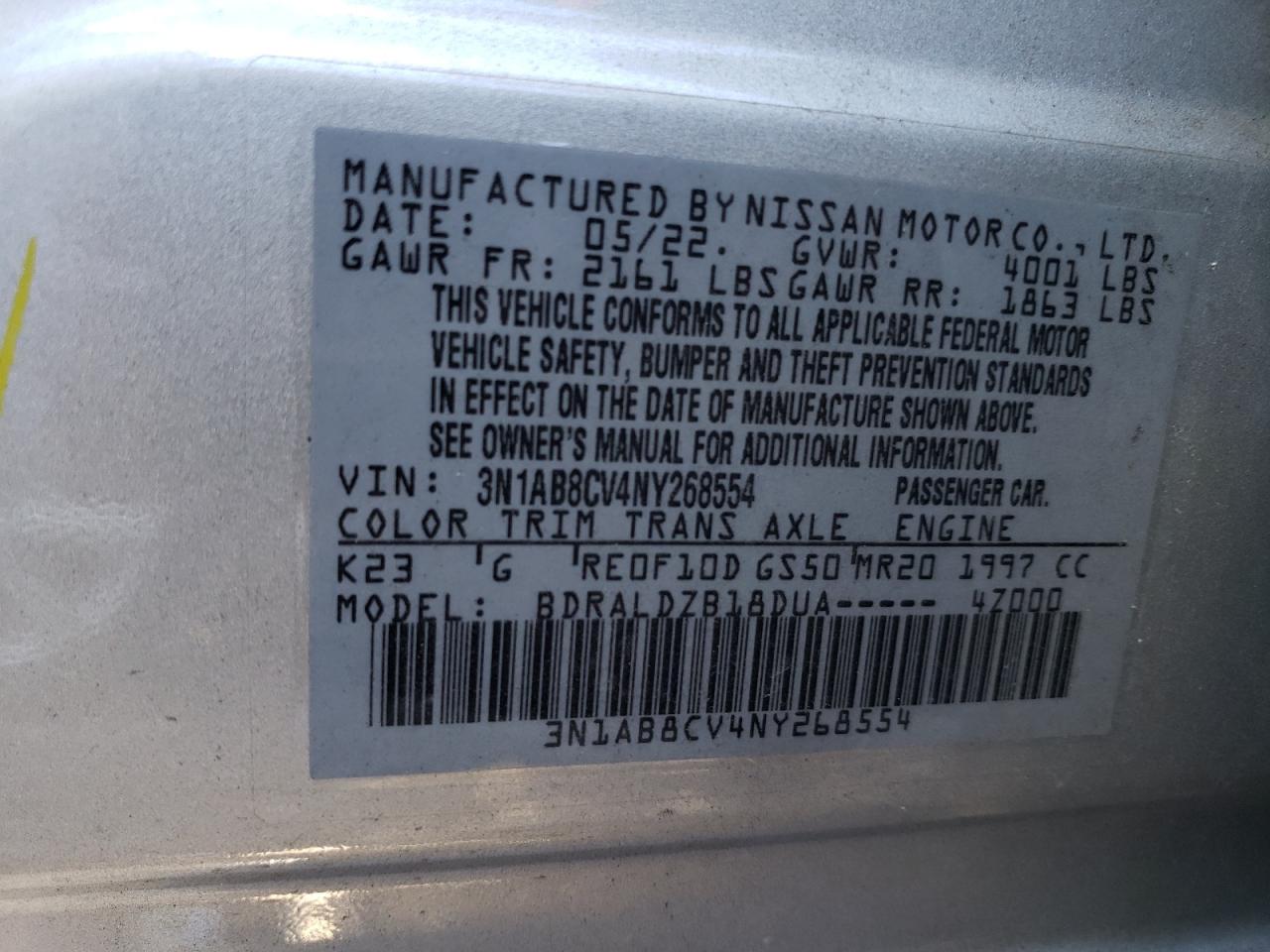 2022 NISSAN SENTRA SV VIN:3N1AB8CV4NY268554