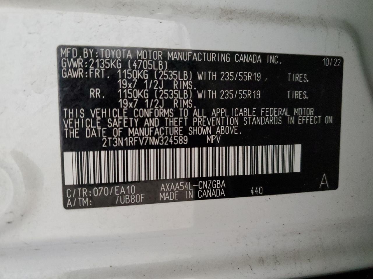 2022 TOYOTA RAV4 LIMITED VIN:2T3N1RFV7NW324589