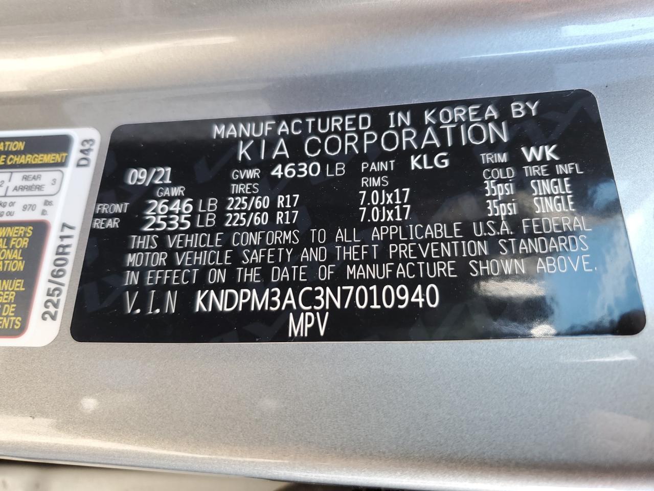 2022 KIA SPORTAGE LX VIN:KNDPM3AC3N7010940
