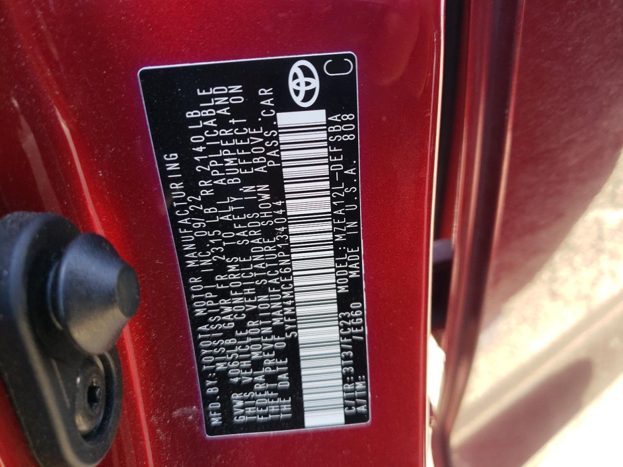 2022 TOYOTA COROLLA SE VIN:5YFM4MCE6NP134044