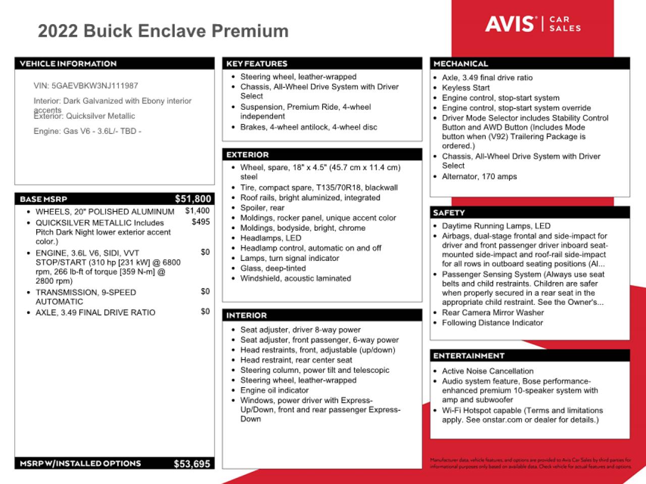 2022 BUICK ENCLAVE PREMIUM VIN:5GAEVBKW3NJ111987