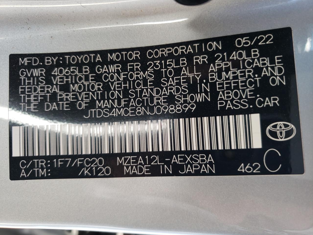 2022 TOYOTA COROLLA SE VIN:JTDS4MCE8NJ098899