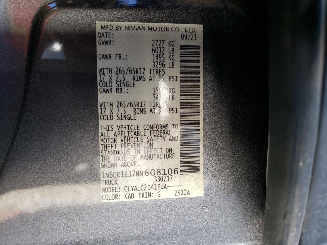 2022 NISSAN FRONTIER S VIN:1N6ED1EJ7NN608106