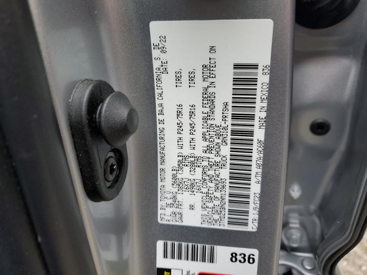 2022 TOYOTA TACOMA DOUBLE CAB VIN:3TMDZ5BN2NM139693