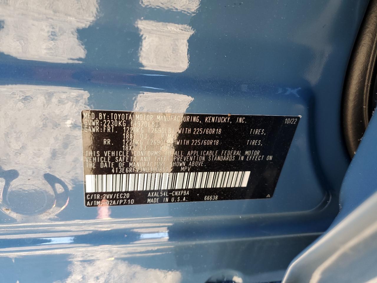 2022 TOYOTA RAV4 XSE VIN:4T3E6RFV3NU100852