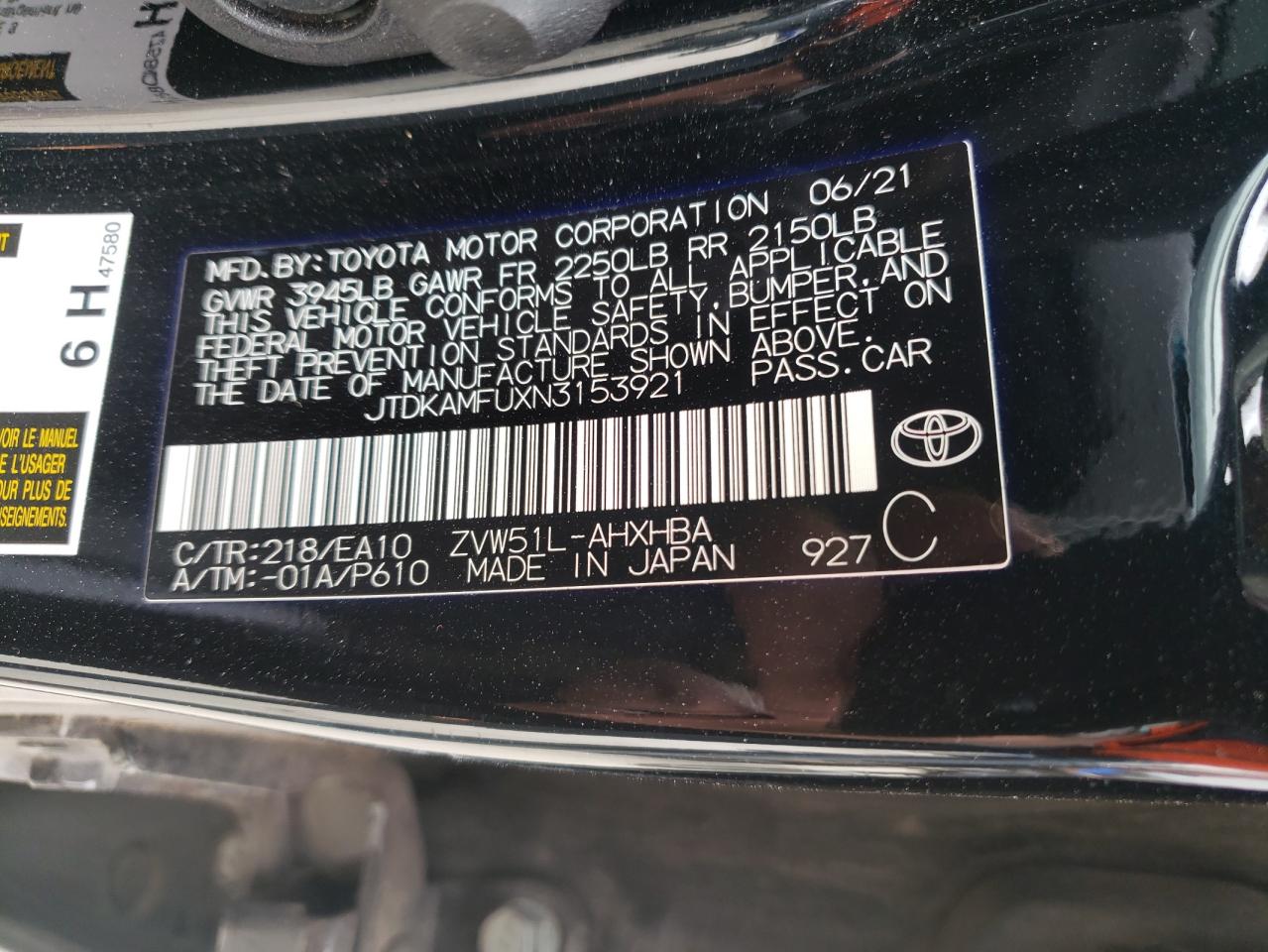 2022 TOYOTA PRIUS NIGHT SHADE VIN:JTDKAMFUXN3153921