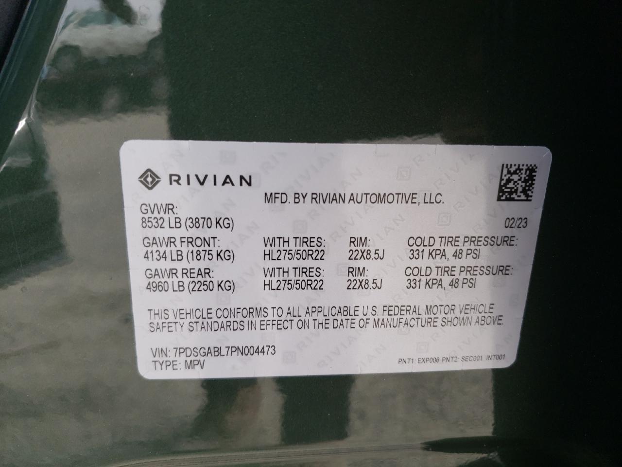 2023 RIVIAN R1S LAUNCH EDITION VIN:7PDSGABL7PN004473