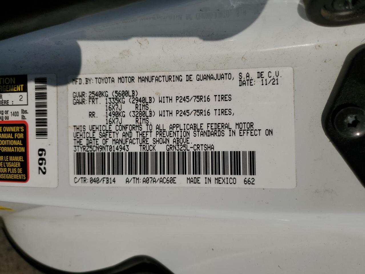 2022 TOYOTA TACOMA ACCESS CAB VIN:3TYRZ5CN9NT014943