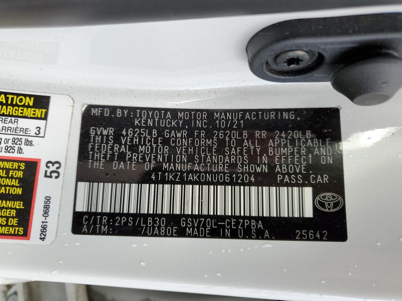 2022 TOYOTA CAMRY TRD VIN:4T1KZ1AK0NU061204