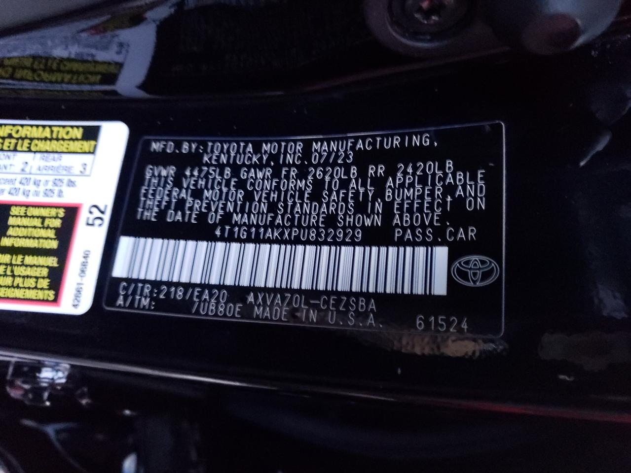 2023 TOYOTA CAMRY SE NIGHT SHADE VIN:4T1G11AKXPU832929