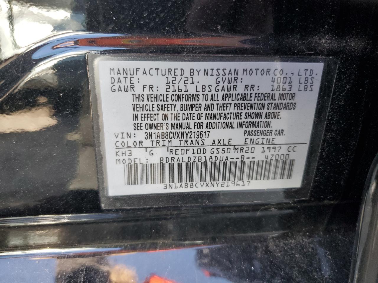 2022 NISSAN SENTRA SV VIN:3N1AB8CVXNY219617