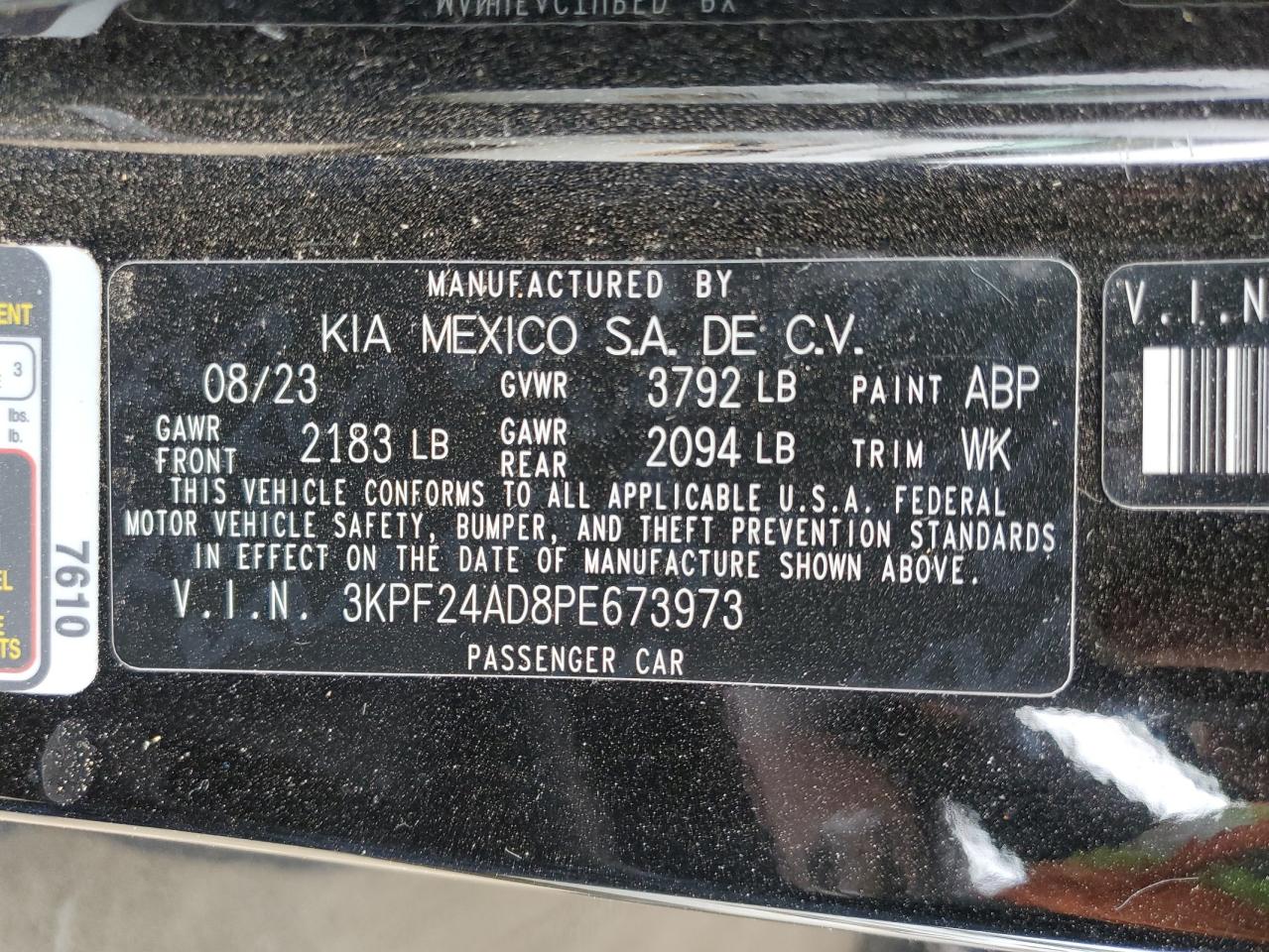 2023 KIA FORTE LX VIN:3KPF24AD8PE673973