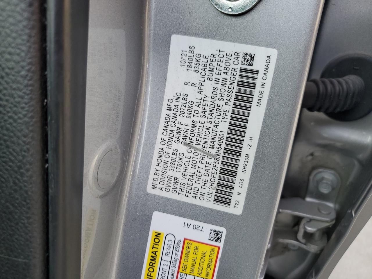 2022 HONDA CIVIC SPORT VIN:2HGFE2F58NH540601