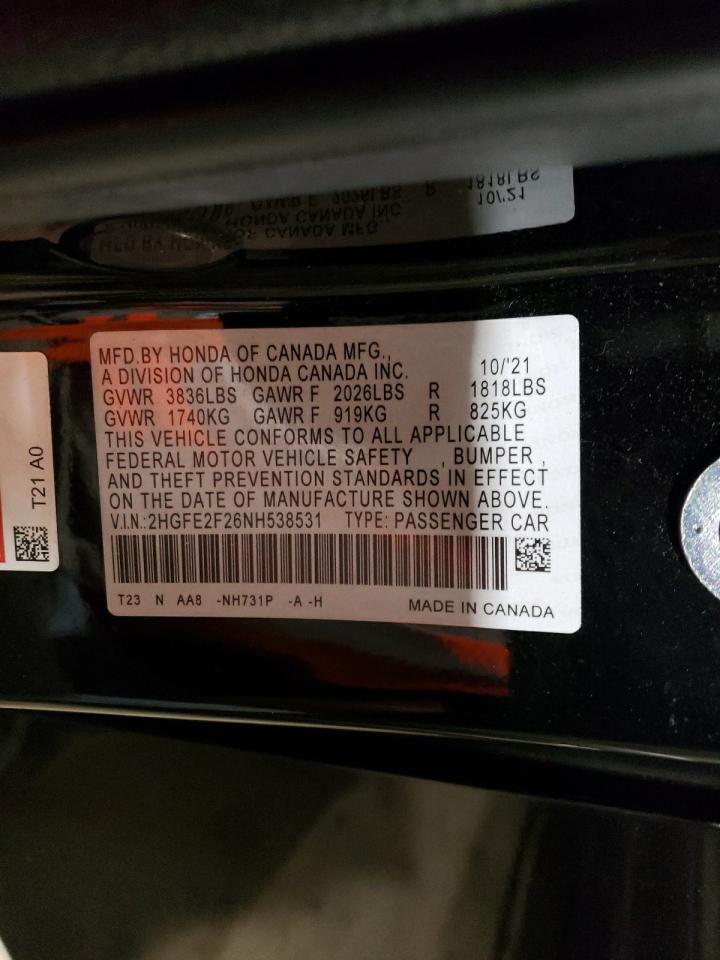 2022 HONDA CIVIC LX VIN:2HGFE2F26NH538531