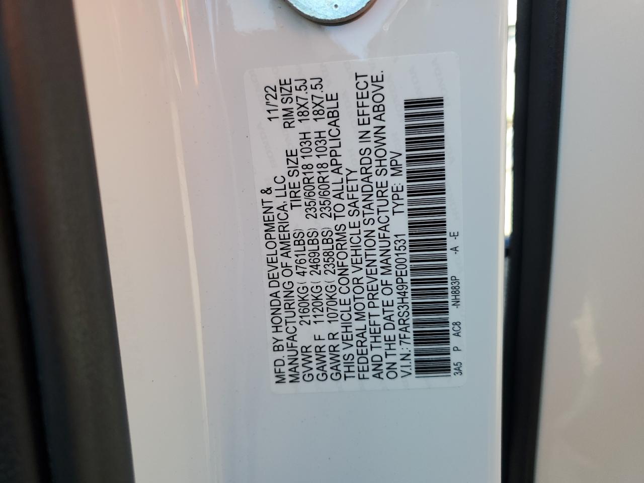 2023 HONDA CR-V EX VIN:7FARS3H49PE001531
