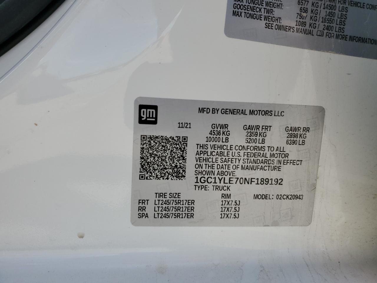 2022 CHEVROLET SILVERADO K2500 HEAVY DUTY VIN:1GC1YLE70NF189192