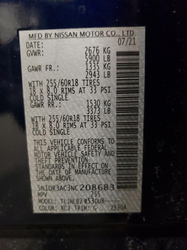 2022 NISSAN PATHFINDER S VIN:5N1DR3AC3NC208683