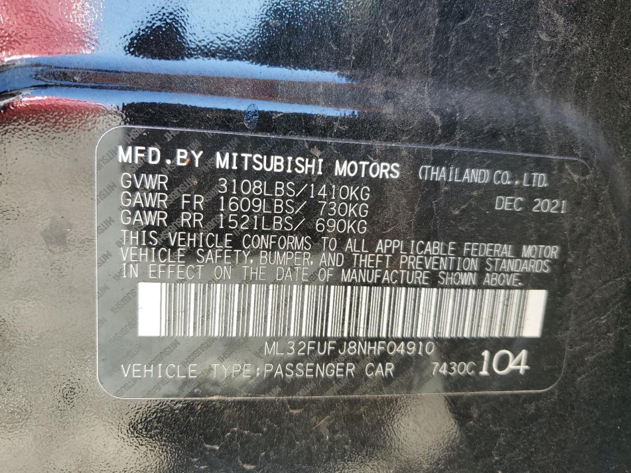 2022 MITSUBISHI MIRAGE G4 ES VIN:ML32FUFJ8NHF04910