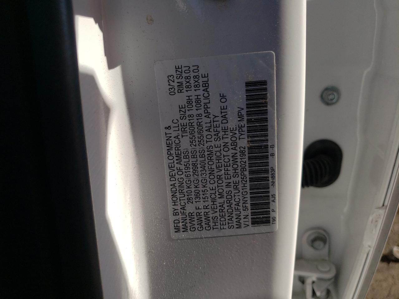 2023 HONDA PILOT LX VIN:5FNYG1H25PB021982