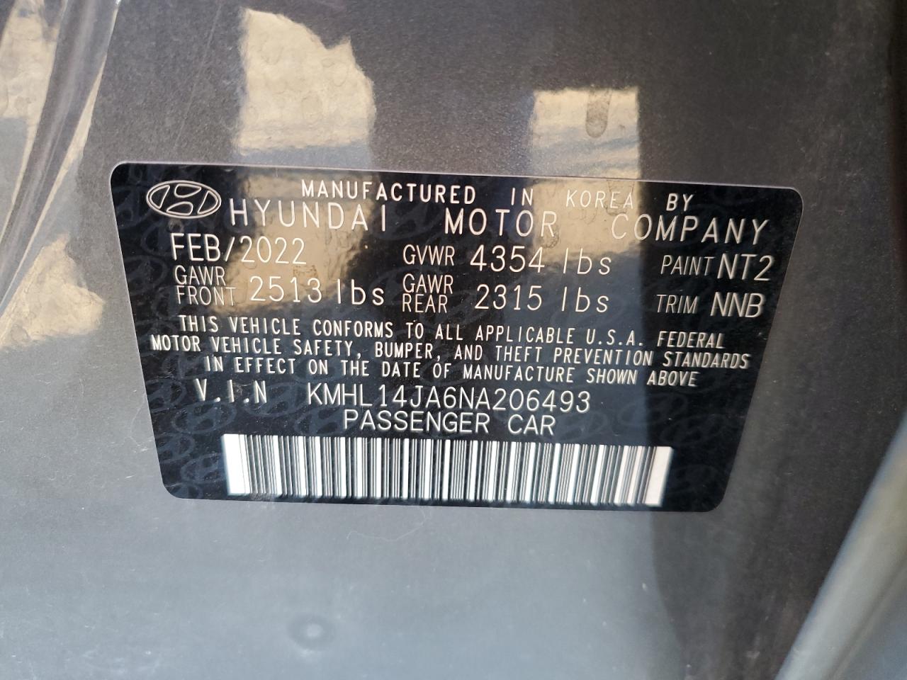 2022 HYUNDAI SONATA SEL VIN:KMHL14JA6NA206493
