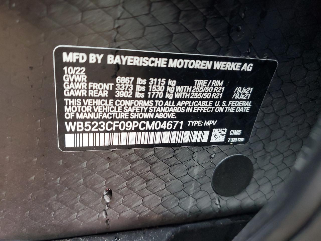 2023 BMW IX XDRIVE50 VIN:WB523CF09PCM04671