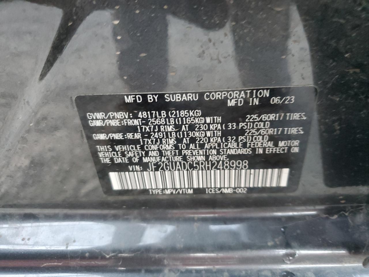 2024 SUBARU CROSSTREK PREMIUM VIN:JF2GUADC5RH248998