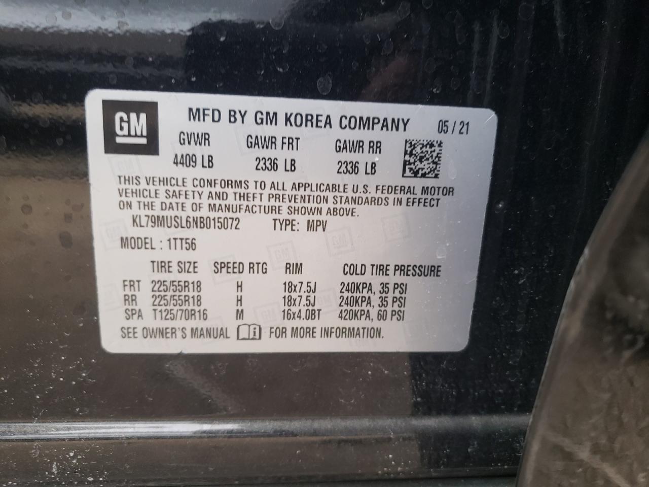 2022 CHEVROLET TRAILBLAZER RS VIN:KL79MUSL6NB015072