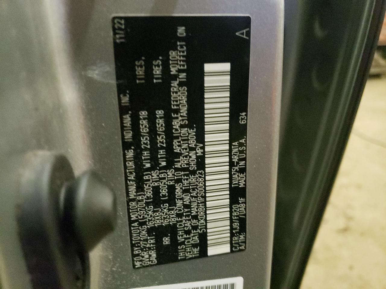 2023 TOYOTA HIGHLANDER L VIN:5TDKDRBH1PS006823