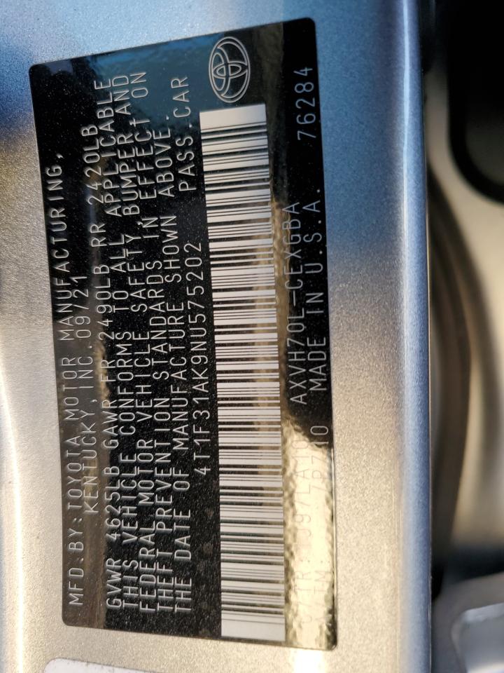 2022 TOYOTA CAMRY XLE VIN:4T1F31AK9NU575202