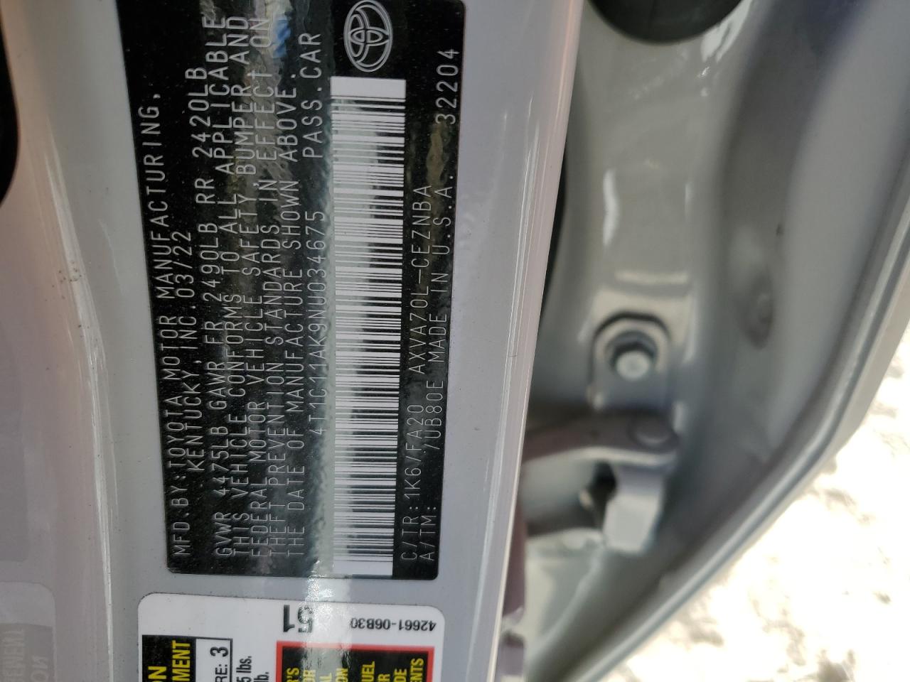 2022 TOYOTA CAMRY LE VIN:4T1C11AK9NU034675